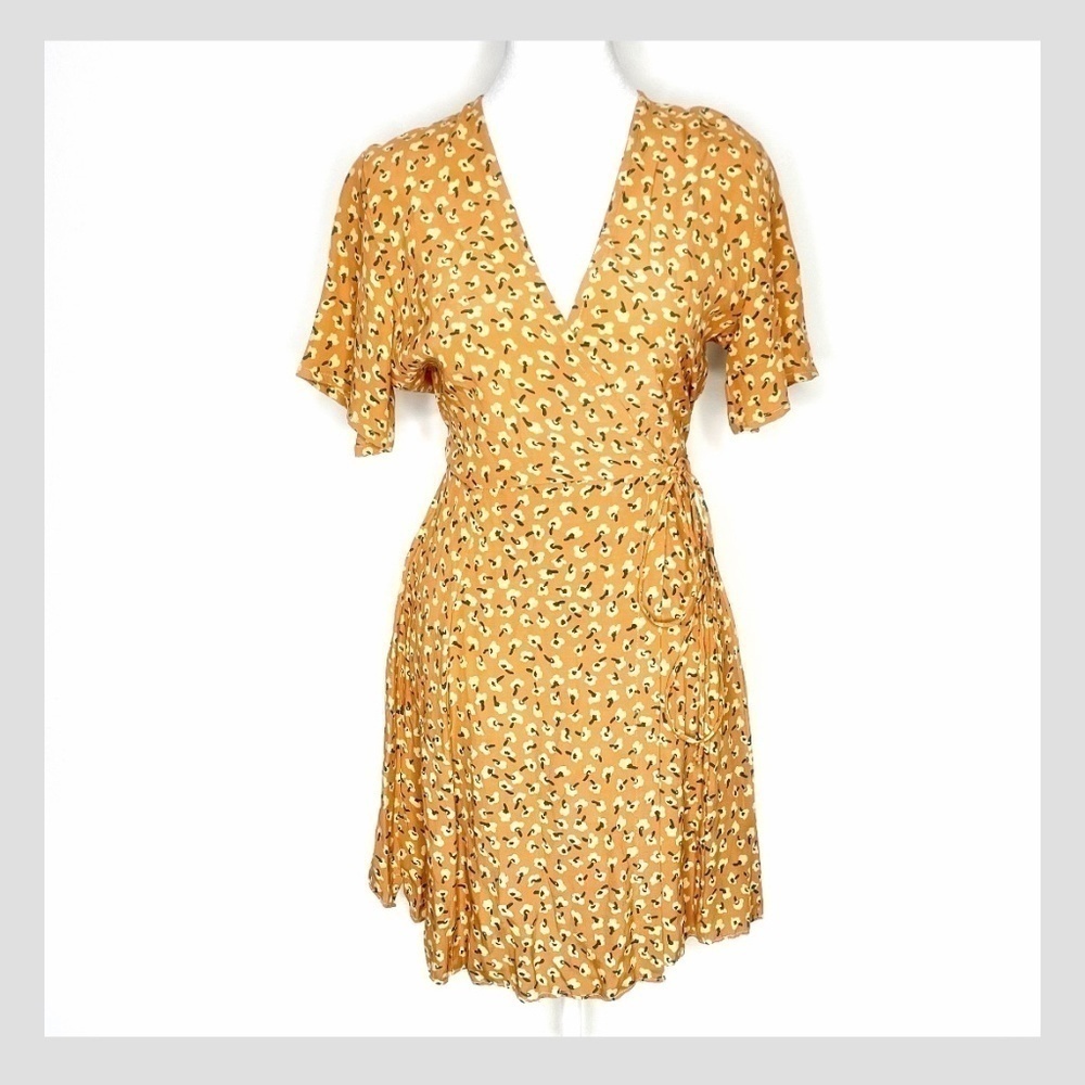 Faithfull The Brand Orange Peach Micro Floral Wrap Short Sleeve Mini Dress